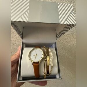 INC International Concepts Gold and Brown Watch with Bracelets Set